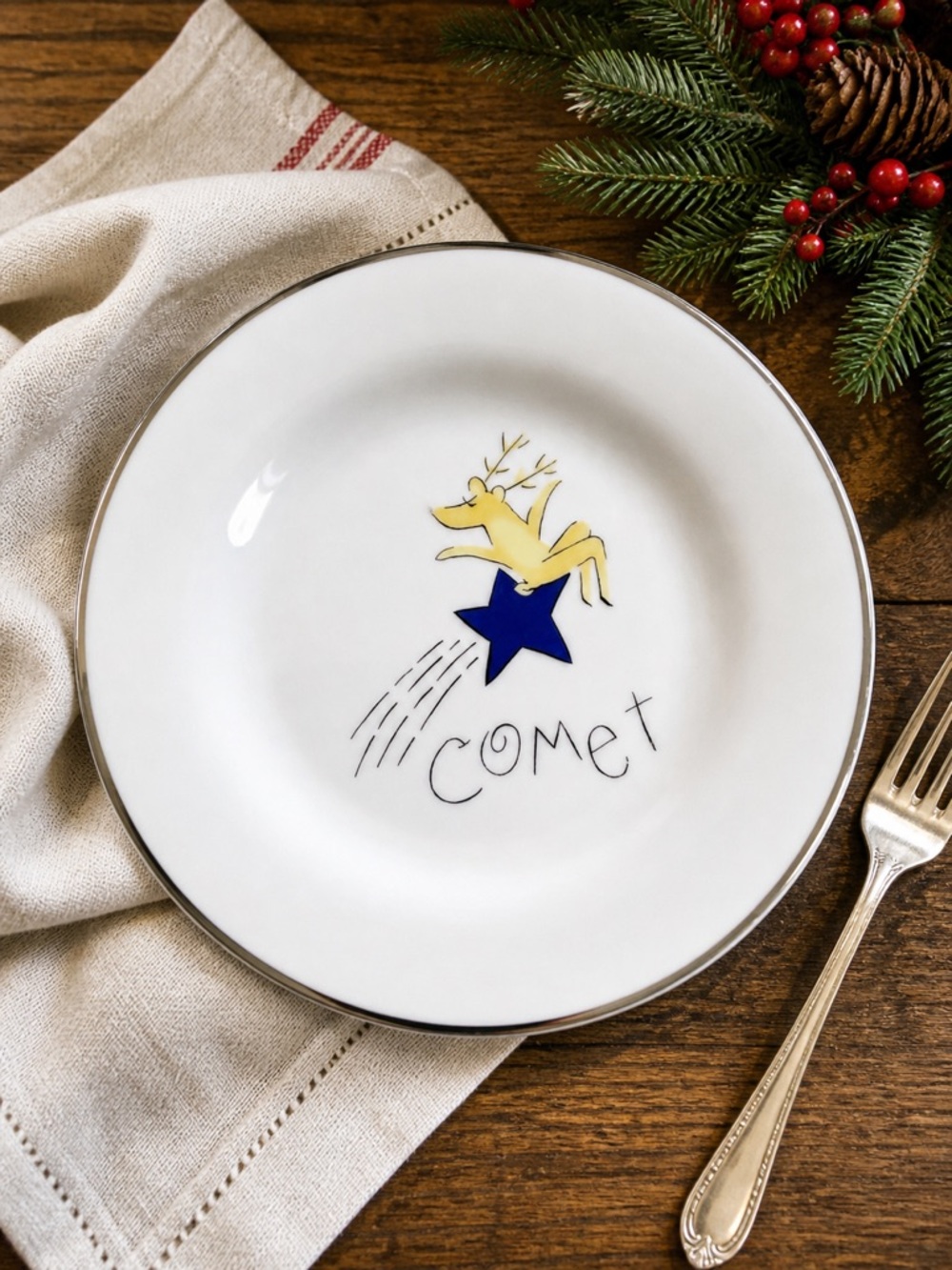 Pottery Barn Comet Reindeer Salad Plate 8.5” Japan Christmas Deer Silver Rim